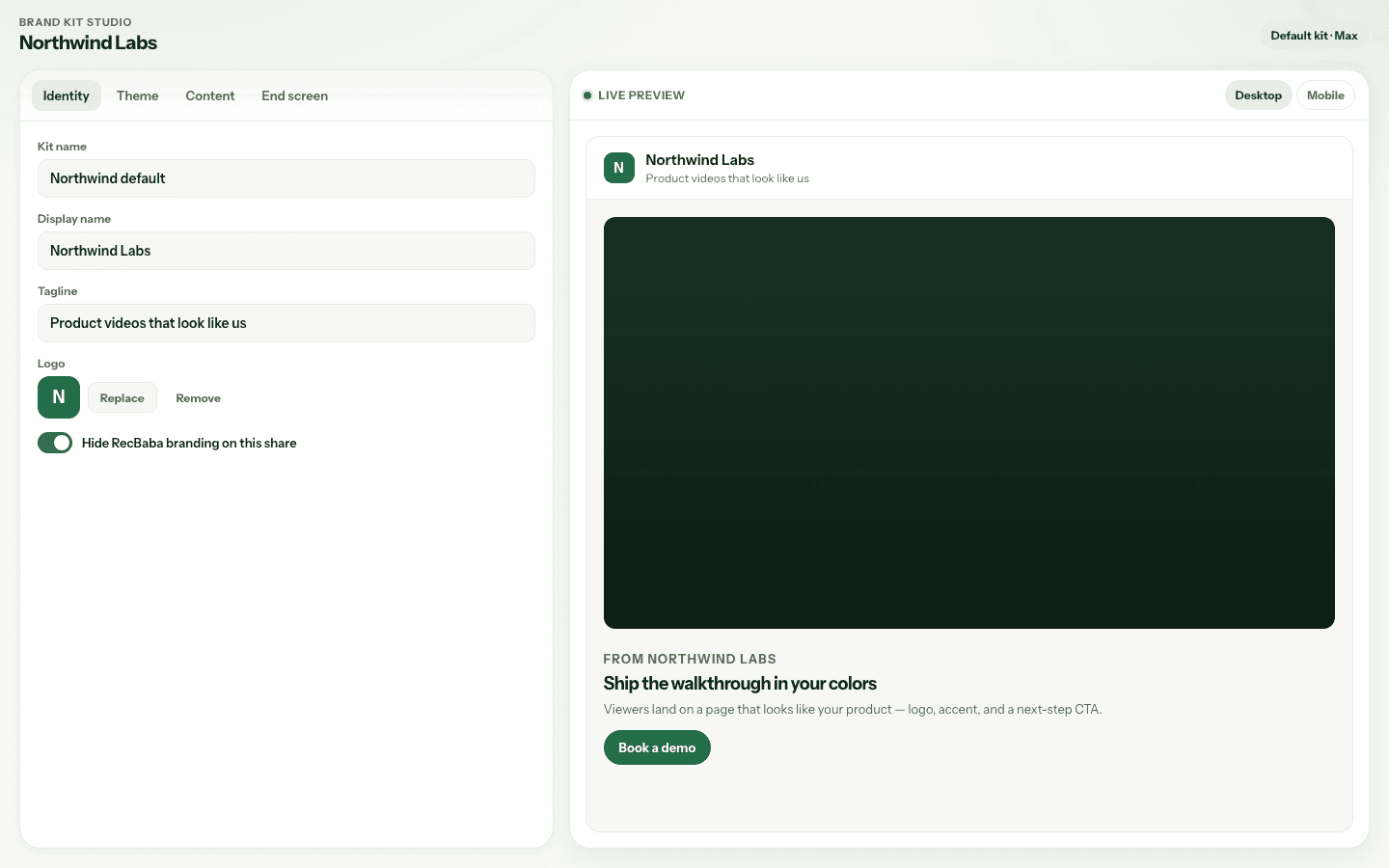 Brand Kit studio with Identity fields and a live preview of a branded RecBaba share page.