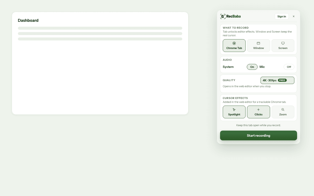 RecBaba recording overlay with Chrome Tab, Window, and Screen, and Start recording.