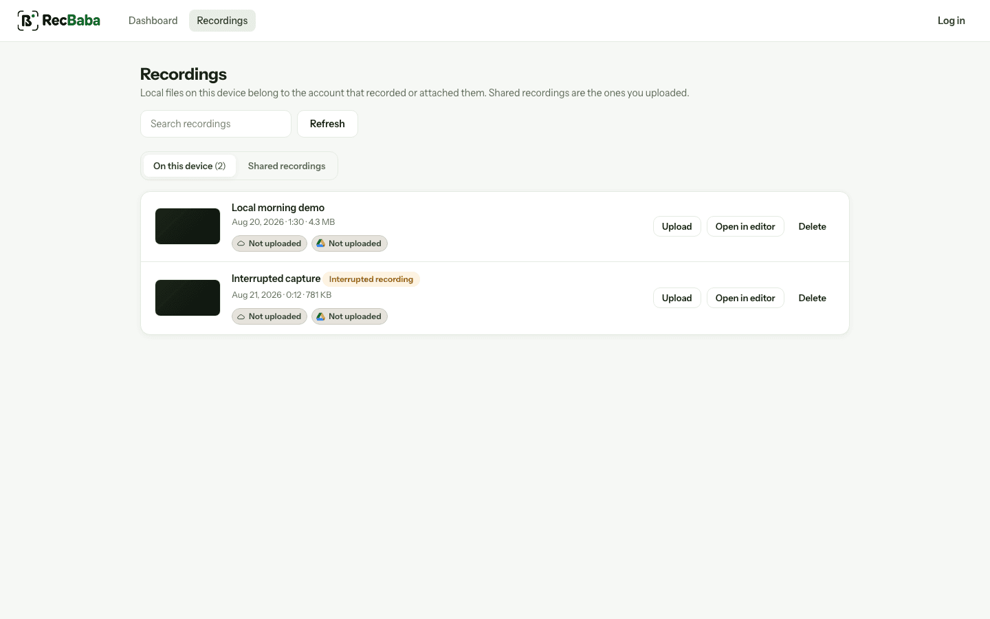 Local RecBaba recordings list on this device, separate from shared cloud recordings.