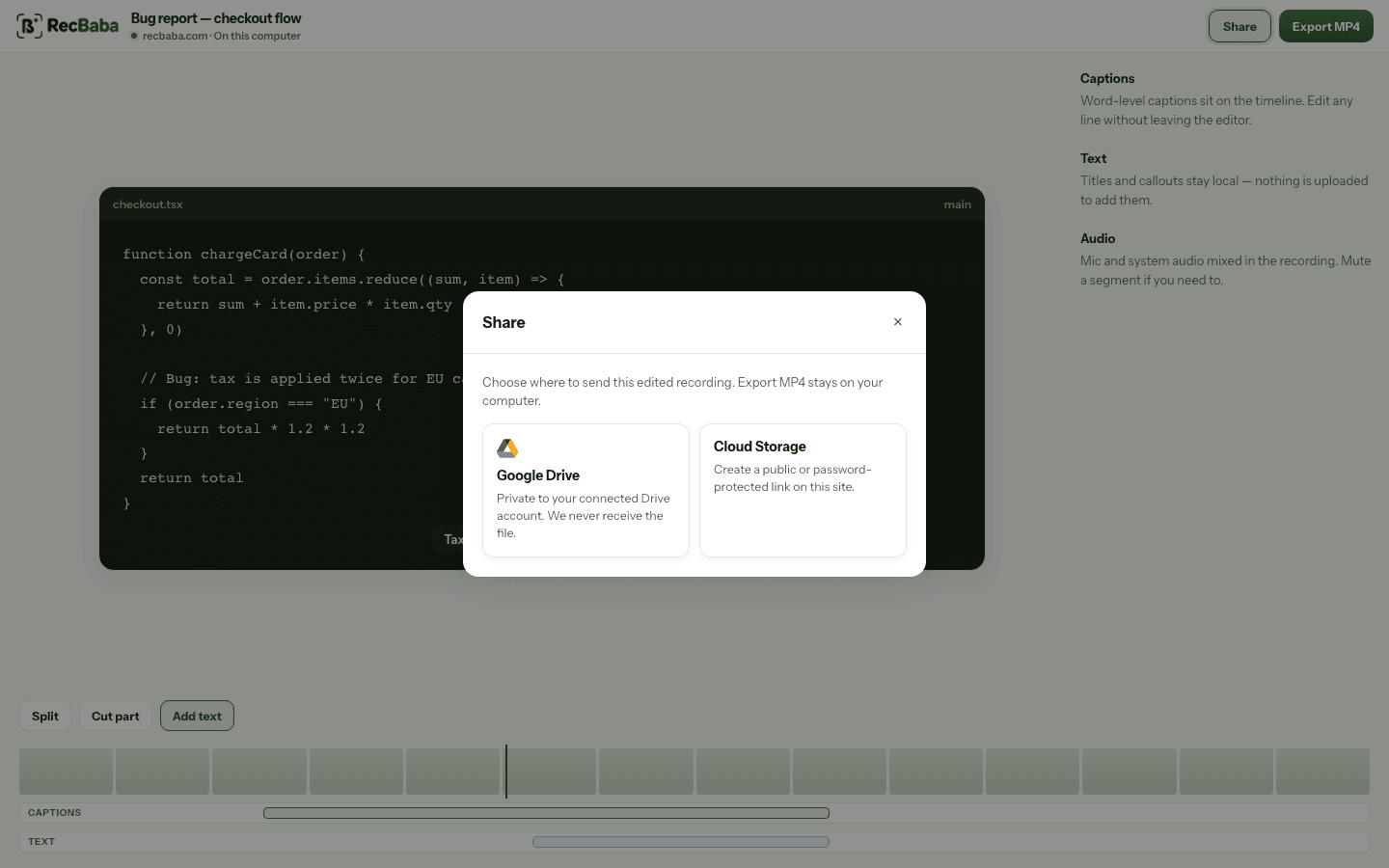 RecBaba share dialog over the local editor, with Unlisted visibility and Create link.