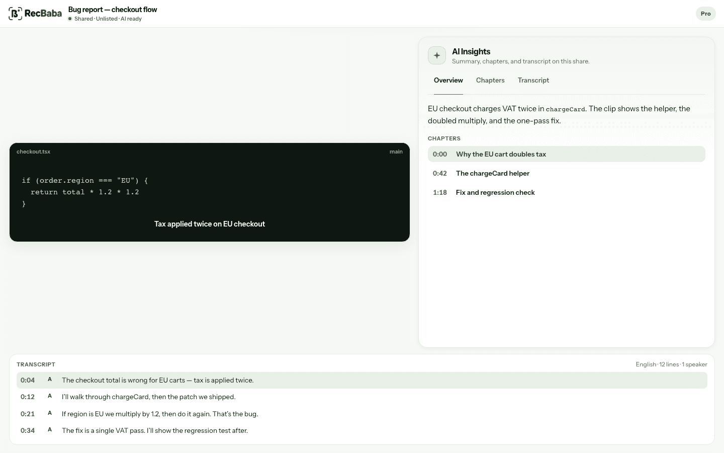 RecBaba share page with AI Insights summary and chapters beside a transcript of the recording.