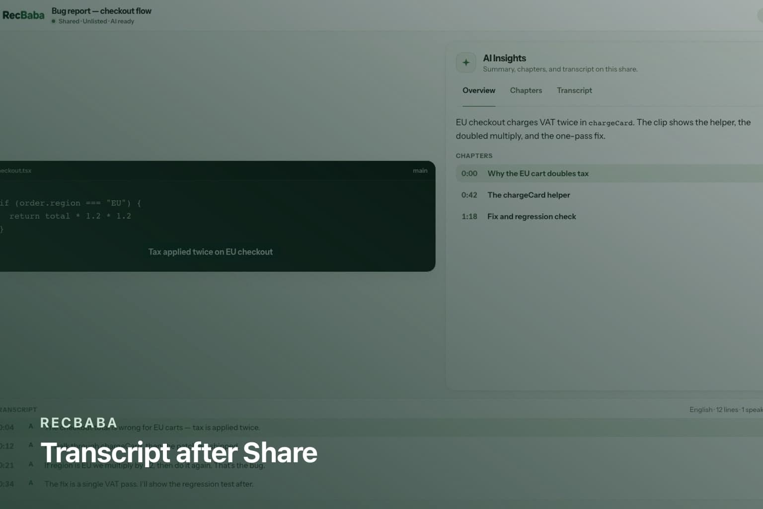 AI Insights card with summary, chapters, and a transcript beside a RecBaba share.