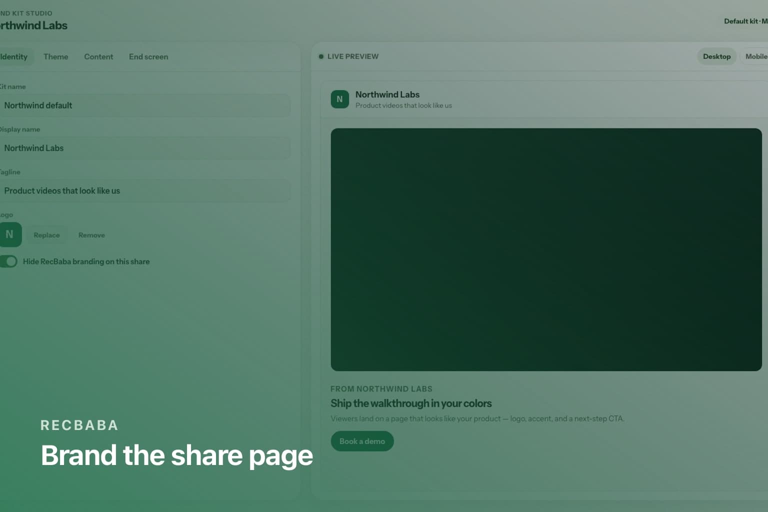 Brand Kit studio with Identity fields and a live preview of a branded RecBaba share page.