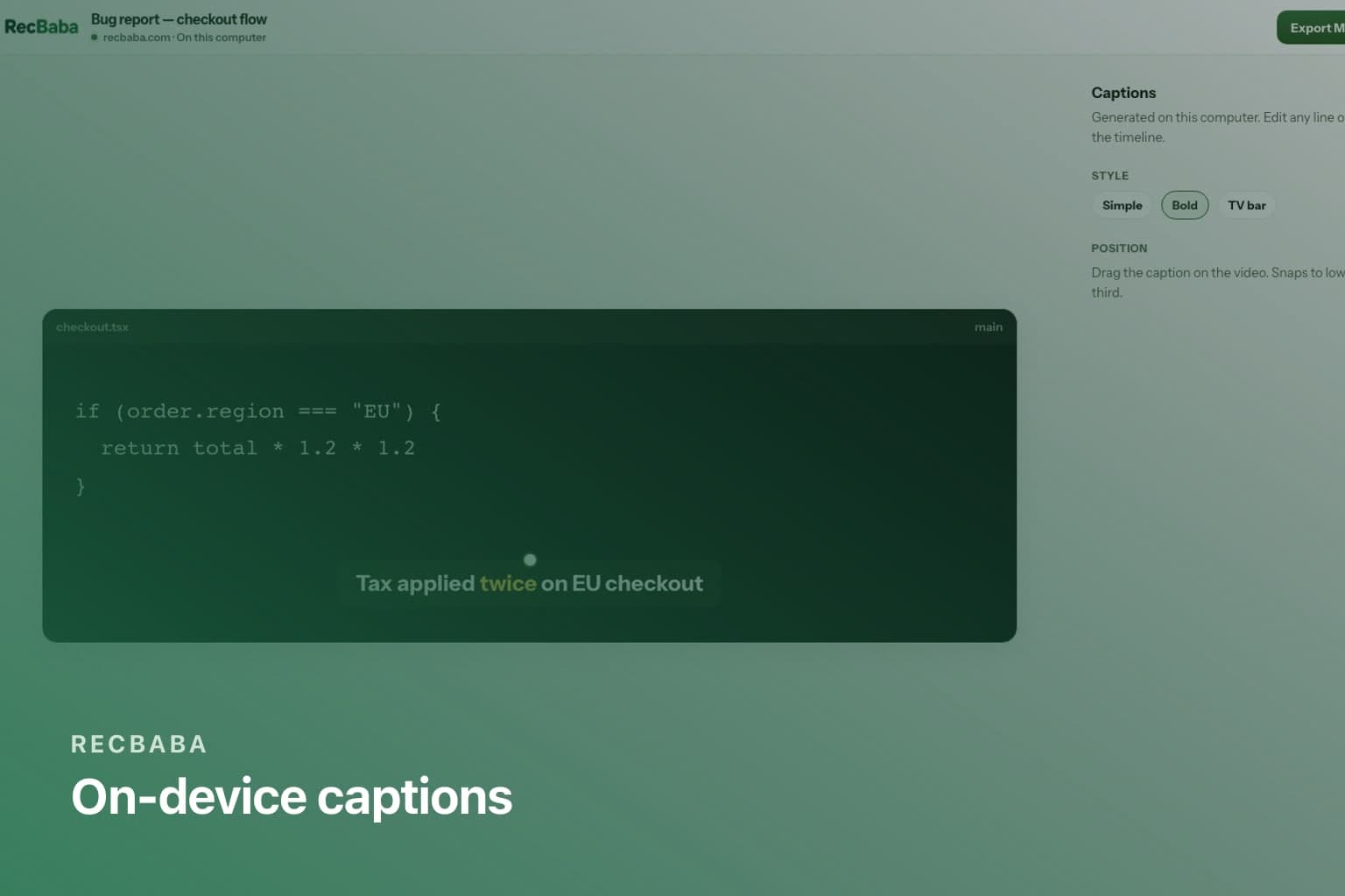 RecBaba editor showing word-level captions on a screen recording timeline.