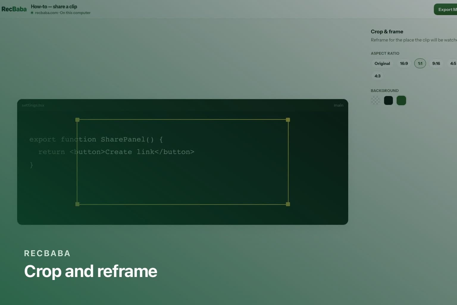 Crop box on a RecBaba preview with aspect ratio pills and background color swatches.