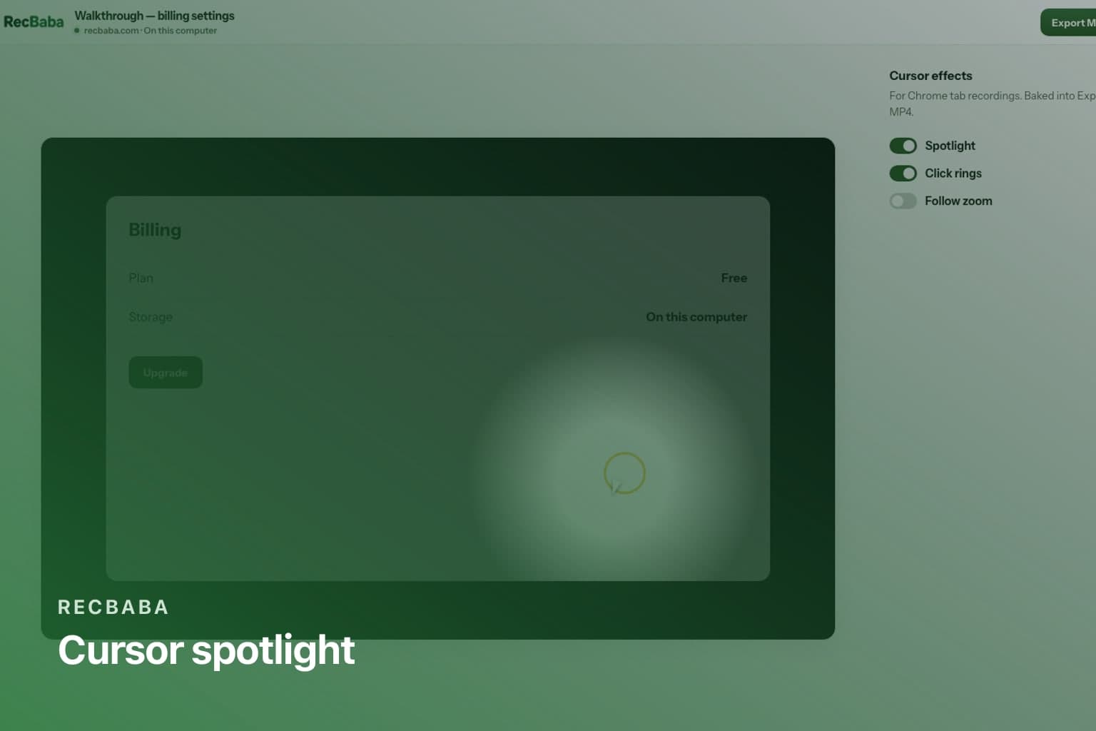 Tab recording preview with a cursor spotlight and click ring in the RecBaba editor.