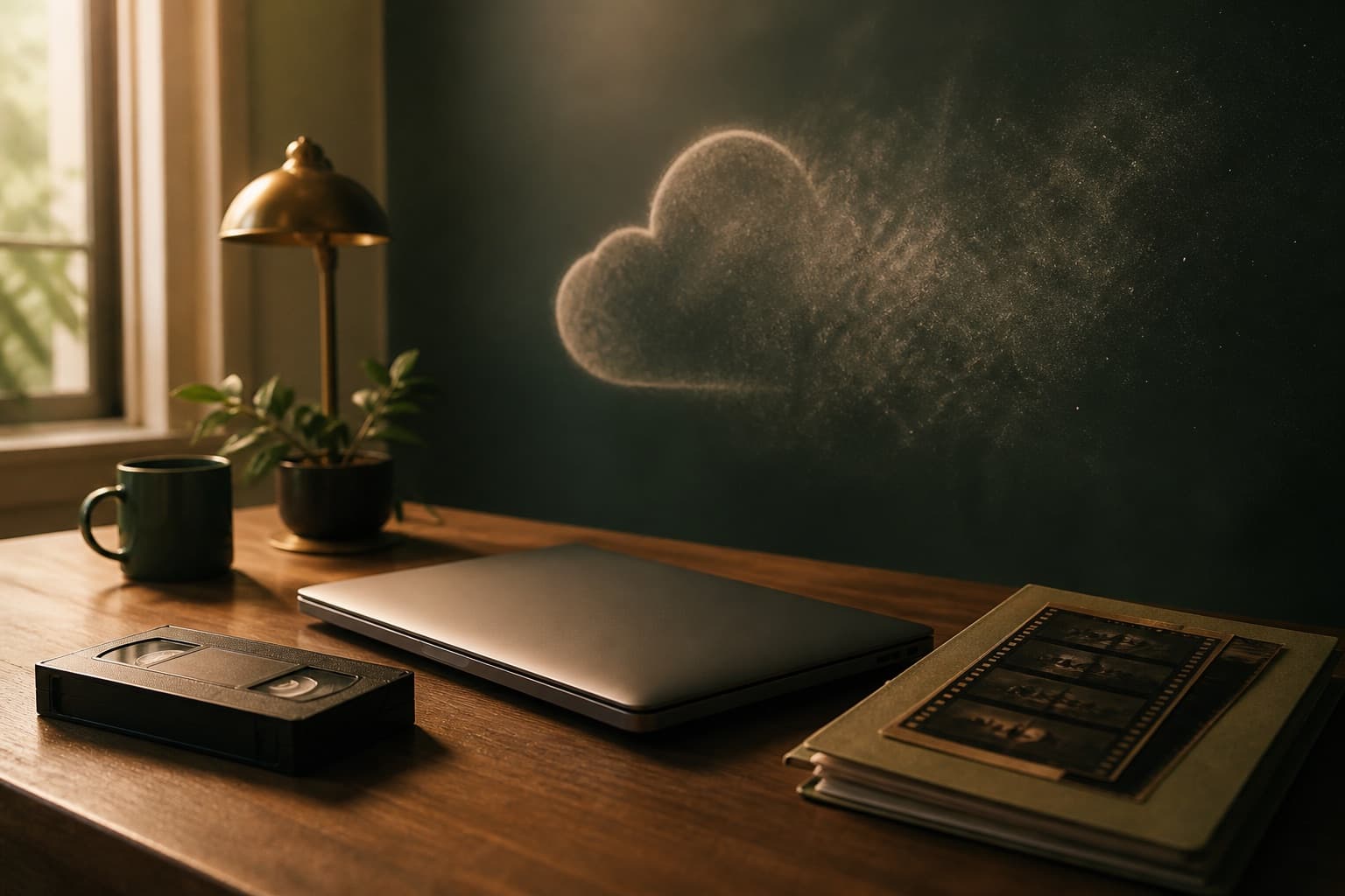 A laptop on a desk with local film on the machine, not in a distant cloud.