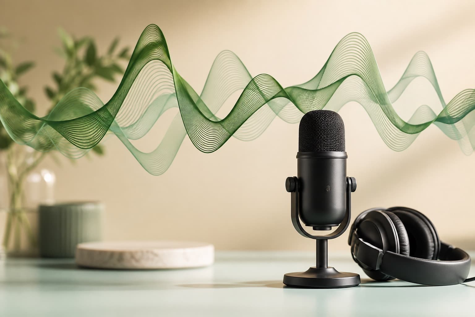 A microphone and headphones on a desk, suggesting a two-source audio mix.