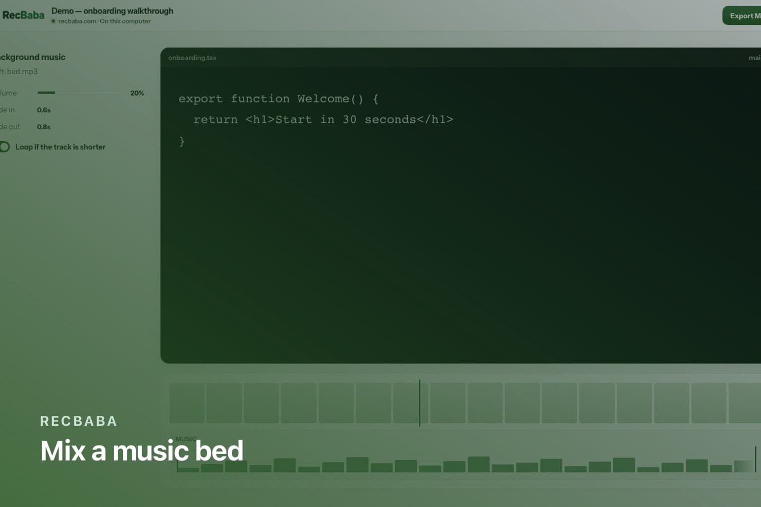 Music timeline in RecBaba with a waveform lane, fade handles, and loop control.