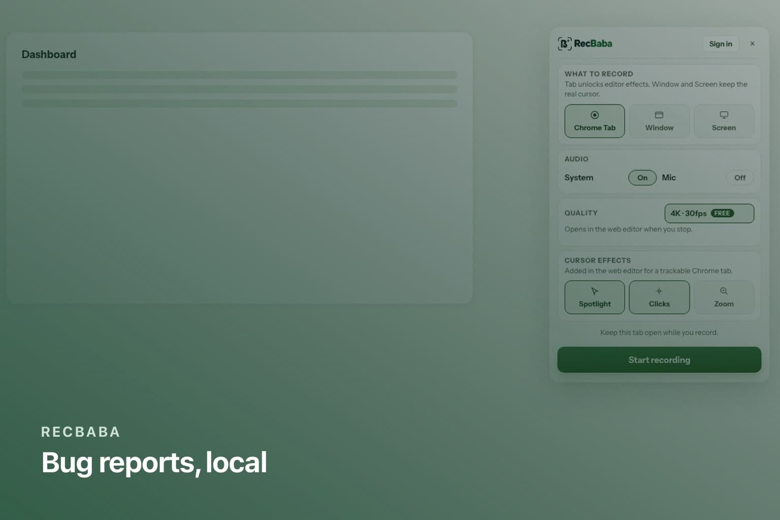 A RecBaba overlay ready to record a checkout tab for a bug report.