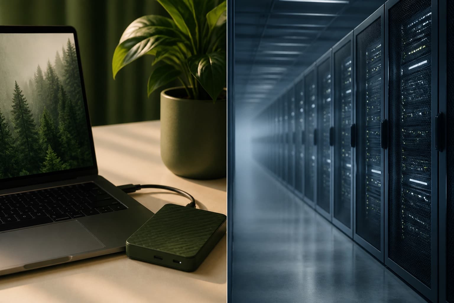 A local laptop on a warm desk opposite distant server racks in cool light.