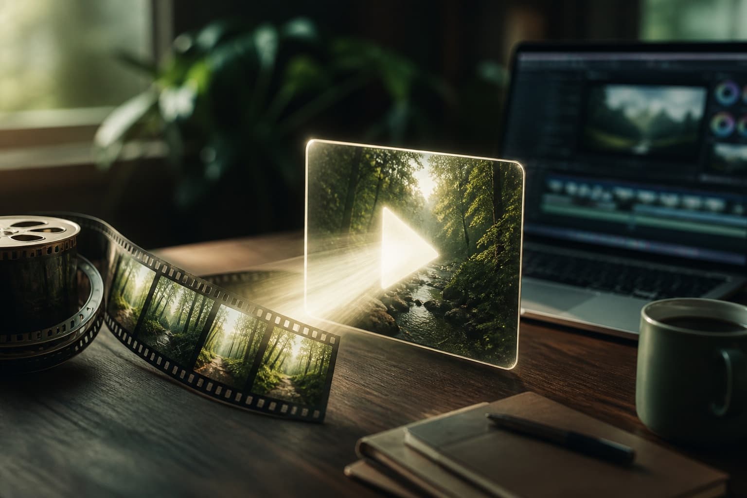 Film frames resolving into a sharp 4K still on a walnut desk beside a laptop.