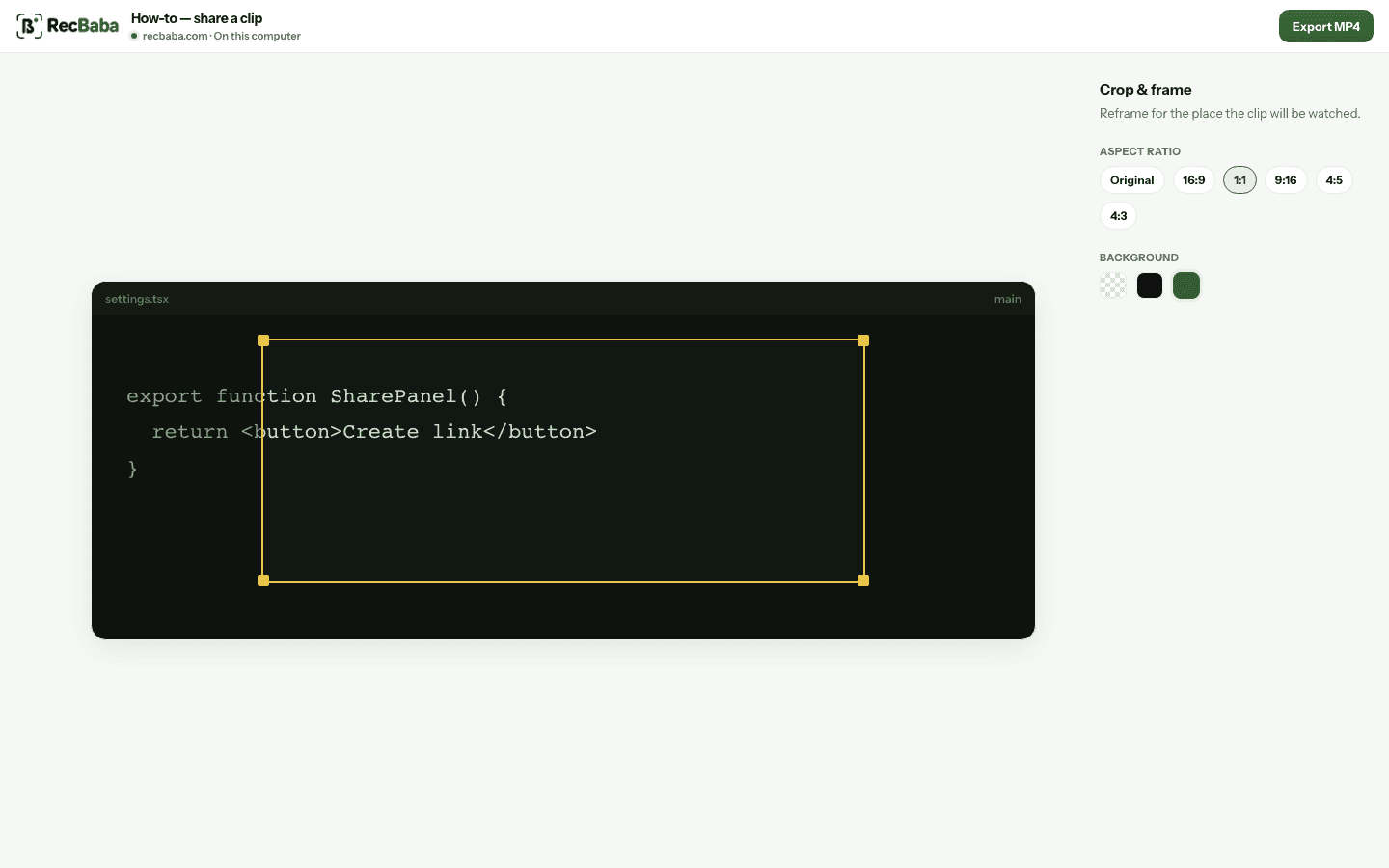 Crop box on the preview with aspect ratio pills and background color swatches.
