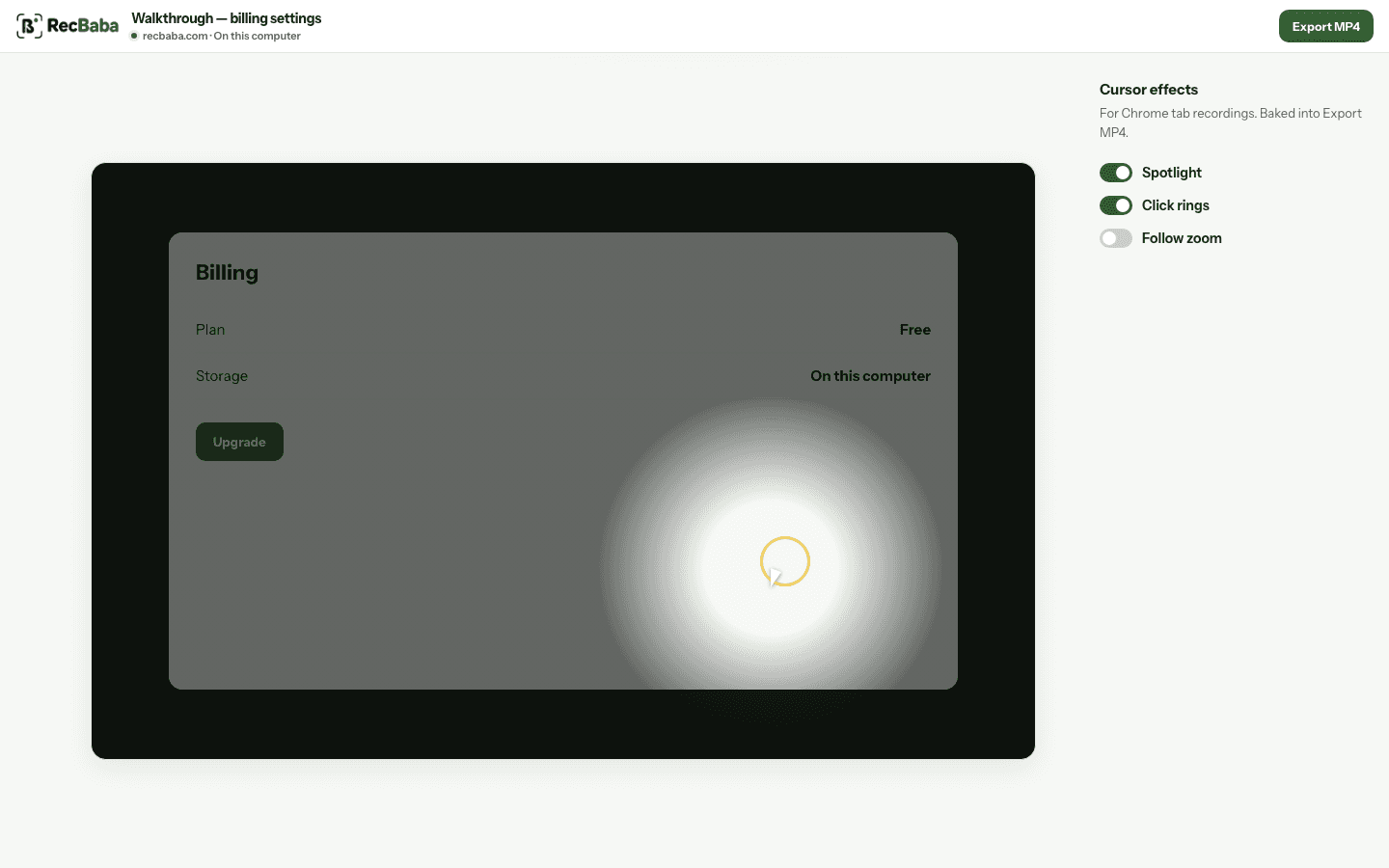 Tab recording preview with a cursor spotlight, a click ring, and RecBaba effect toggles.