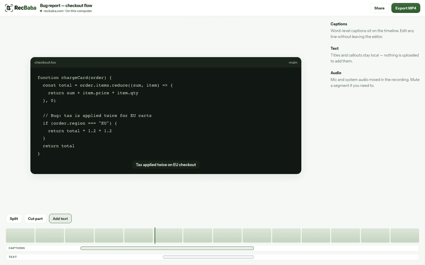 RecBaba browser video editor with a code walkthrough in the preview, captions on the timeline, and Export MP4.