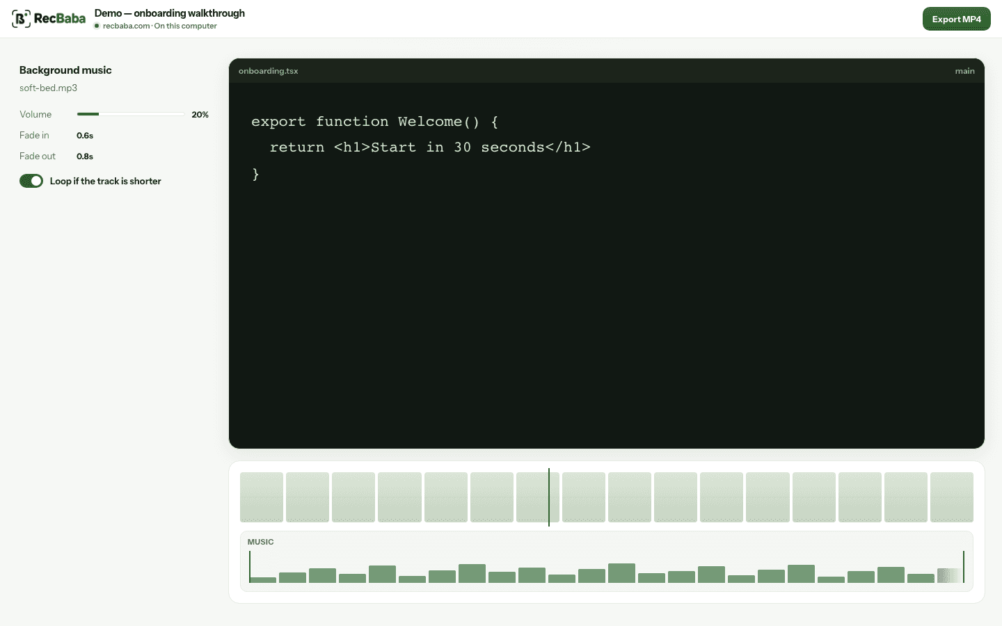 Music timeline with a waveform lane, fade handles, volume, and loop control.